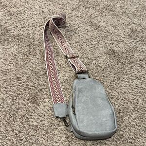 Gray Crossbody Bag with Patterned Strap